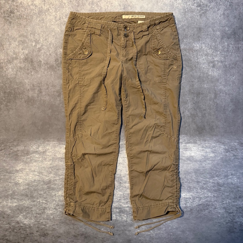 Y2K DKNY Jeans Womens 10 Brown Cargo Capri Pants Ruched Hem Drawstring Utility